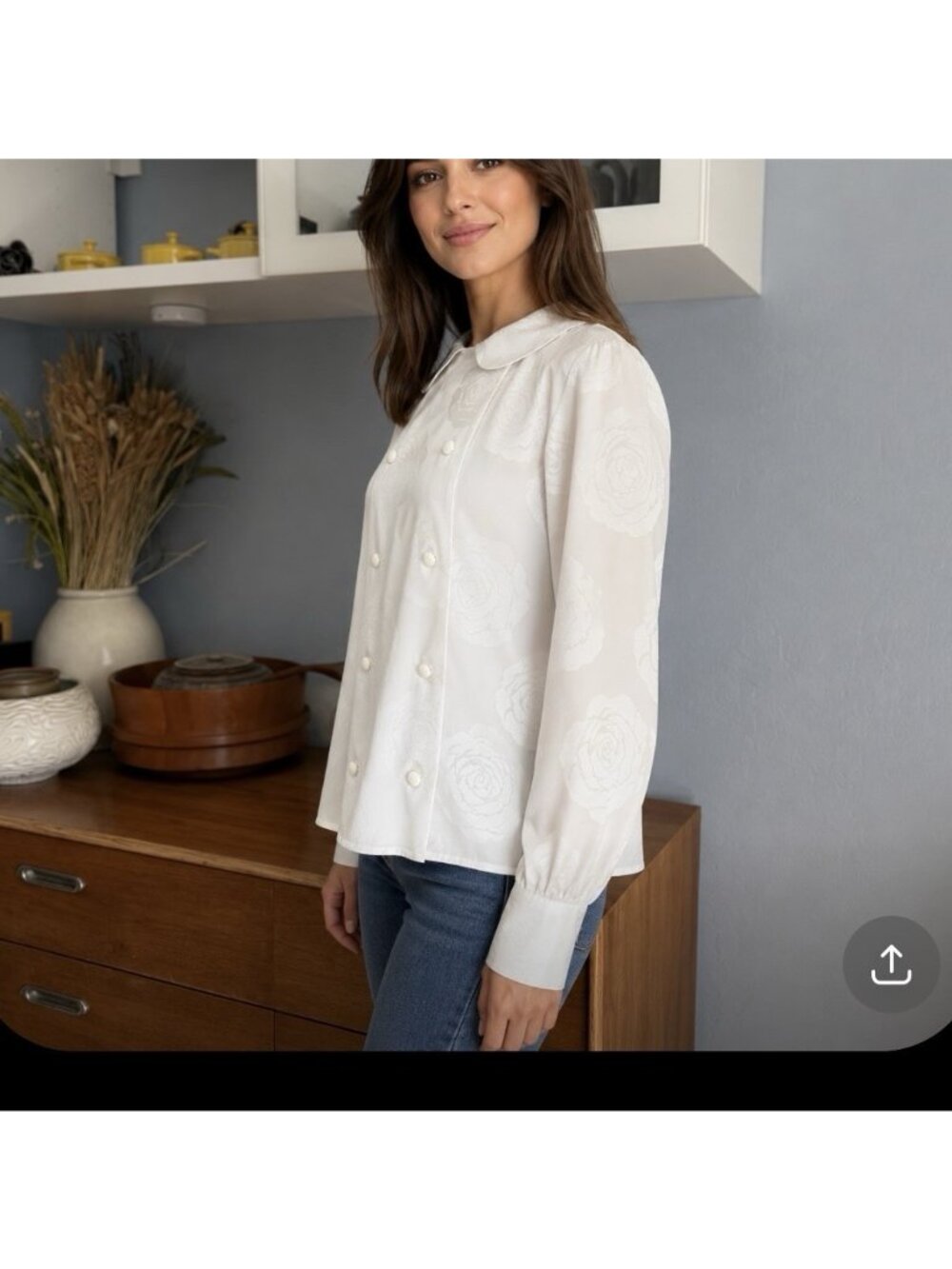 Vintage 80’s Louis Feraud White Jacquard Blouse Double-breasted Button Sz 8